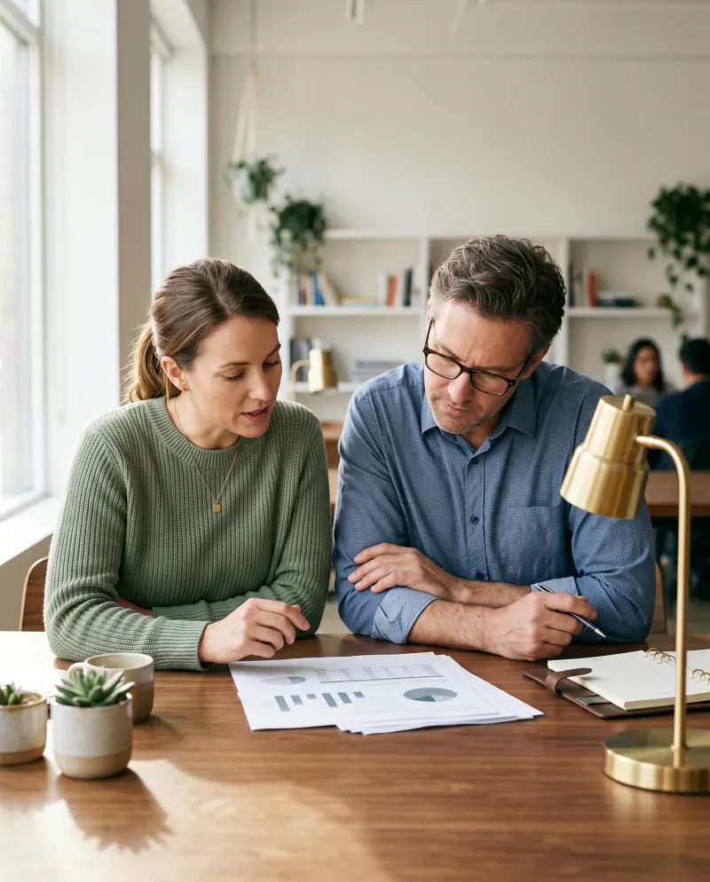 An accountant and a business owner reviewing printed charts together at a bright desk, seen from the side