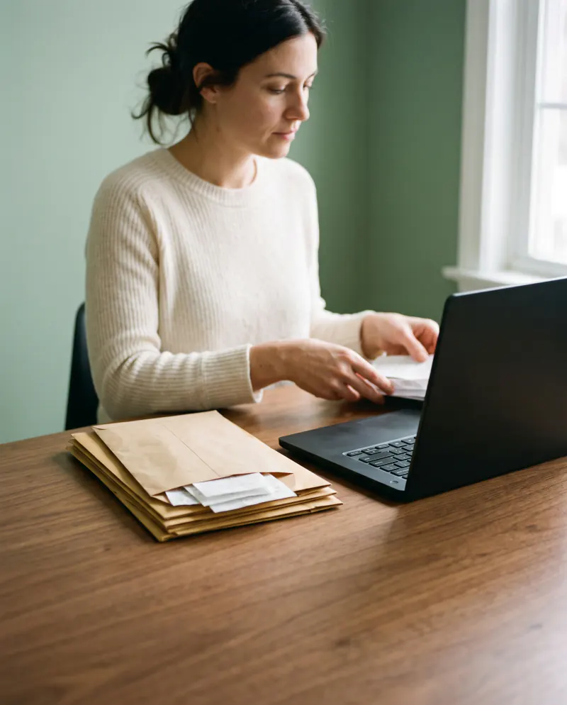 Receipts sorted into labelled envelopes beside a laptop on a tidy desk