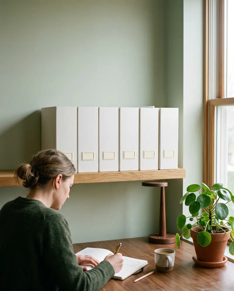 A neat row of labelled box files on a shelf above a desk in a calm office