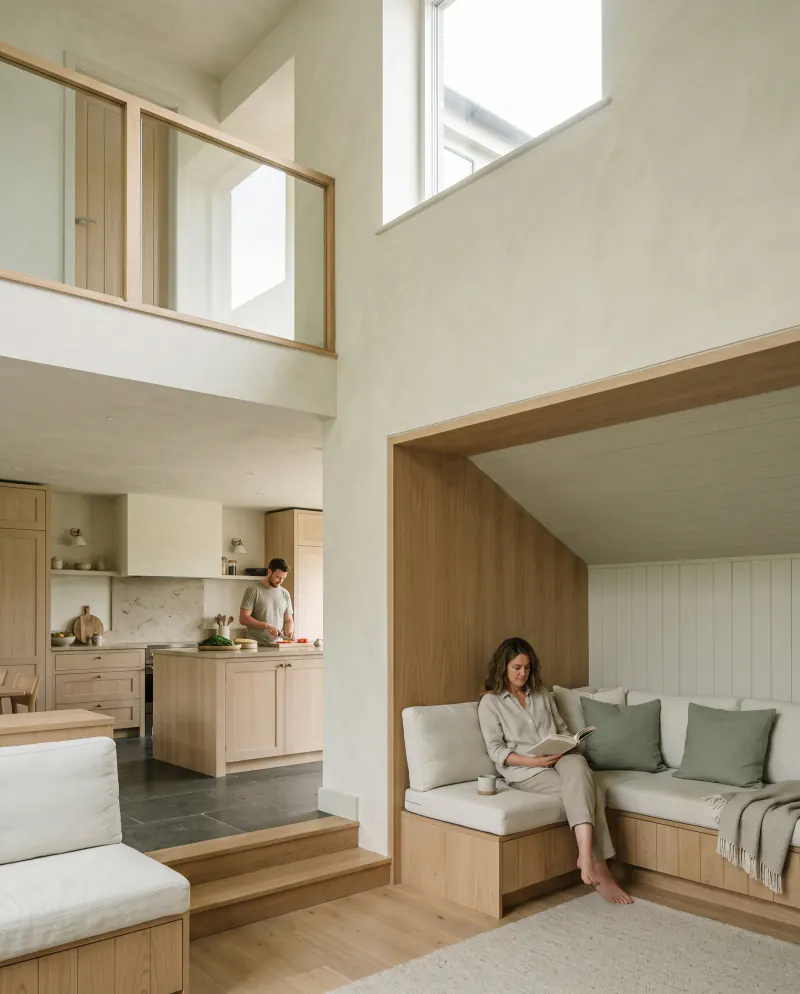 A double-height kitchen space opening into a lower, cosy snug, with soft daylight