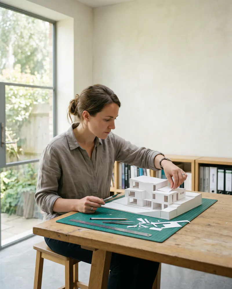 An architect adjusting a white card architectural model on a studio table, lit by a large window