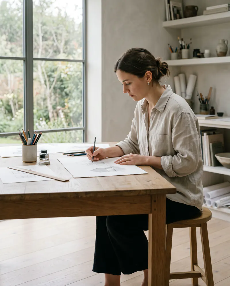 A quiet studio space lit by a large north-facing window with soft, even light on a worktable
