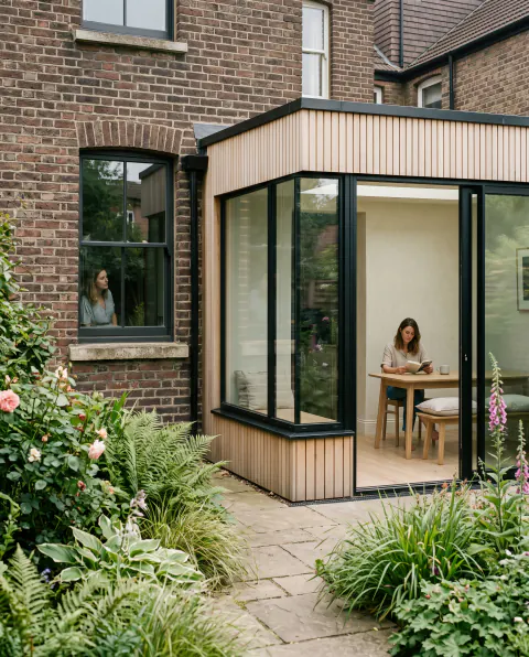 A contemporary timber and glass extension meeting the brick rear wall of a Victorian house in soft daylight