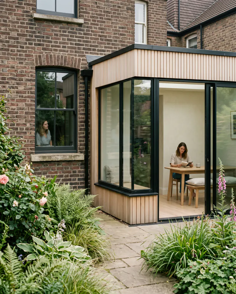 A contemporary timber and glass extension meeting the brick rear wall of a Victorian house in soft daylight