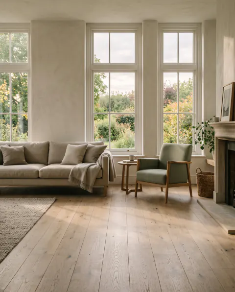 A calm living room with tall windows, pale lime-washed walls and soft late-afternoon light falling across oak floorboards
