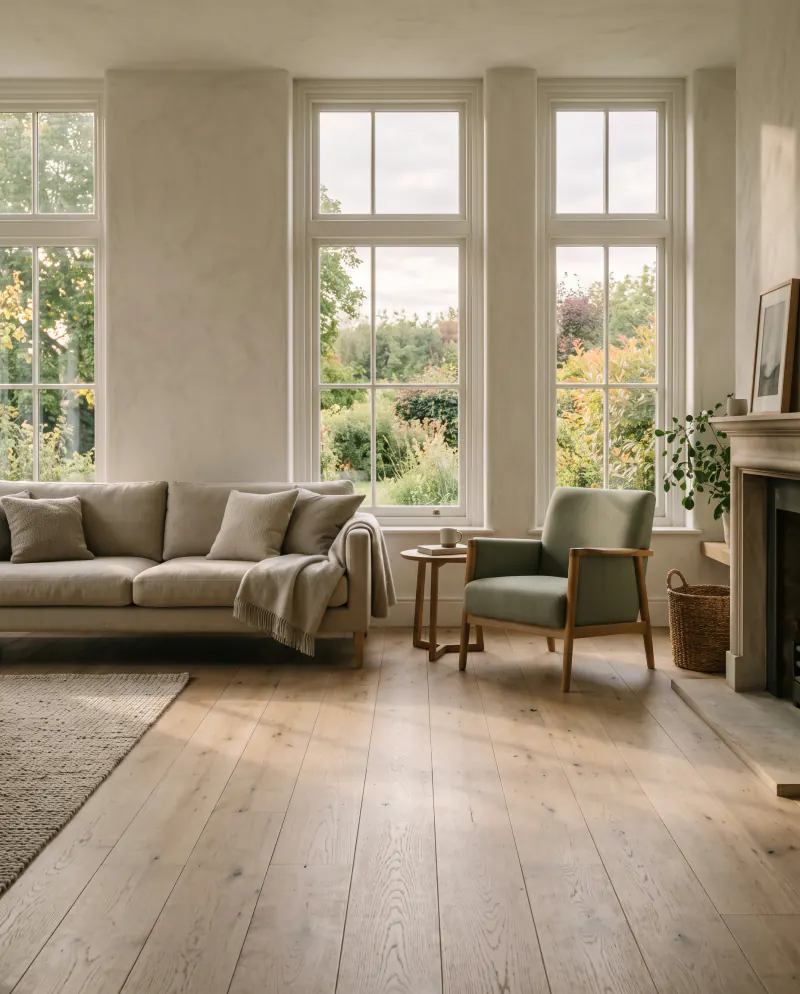 A calm living room with tall windows, pale lime-washed walls and soft late-afternoon light falling across oak floorboards
