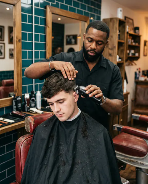 A barber using clippers on a client's hair in a red leather chair