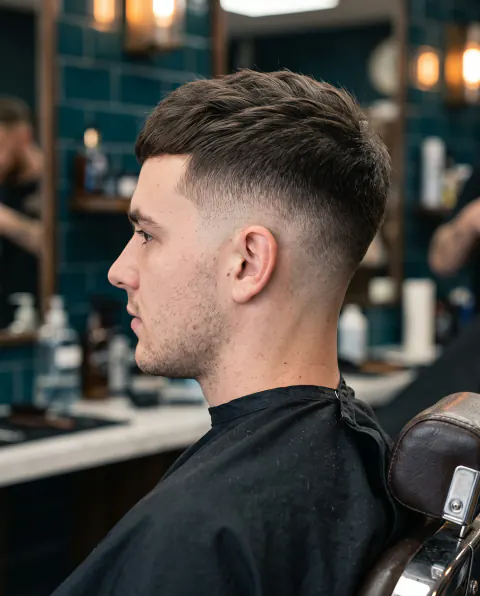 A finished skin fade with a textured crop, seen from the side