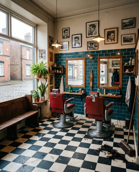 A barbershop with teal tiles, red leather barber chairs, framed photos and a chequered floor