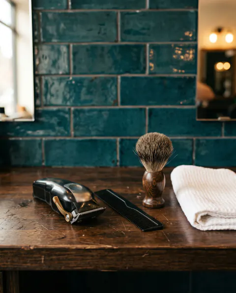 Hair clippers, a comb, a shaving brush and a folded towel on a dark wooden counter