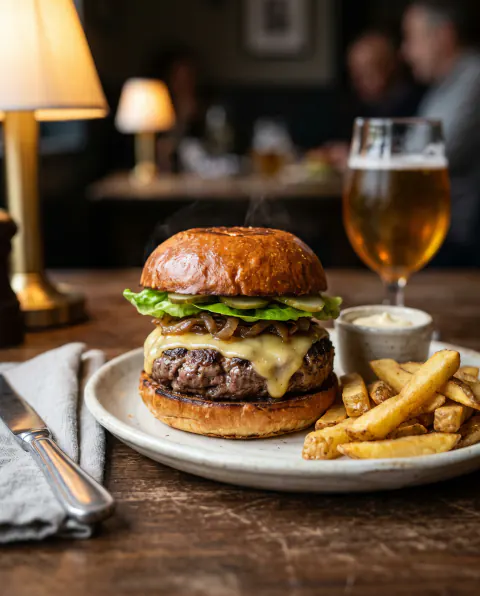 A cheeseburger with caramelised onions and pickles in a toasted brioche bun, with chips and a pot of aioli, beside a glass of beer