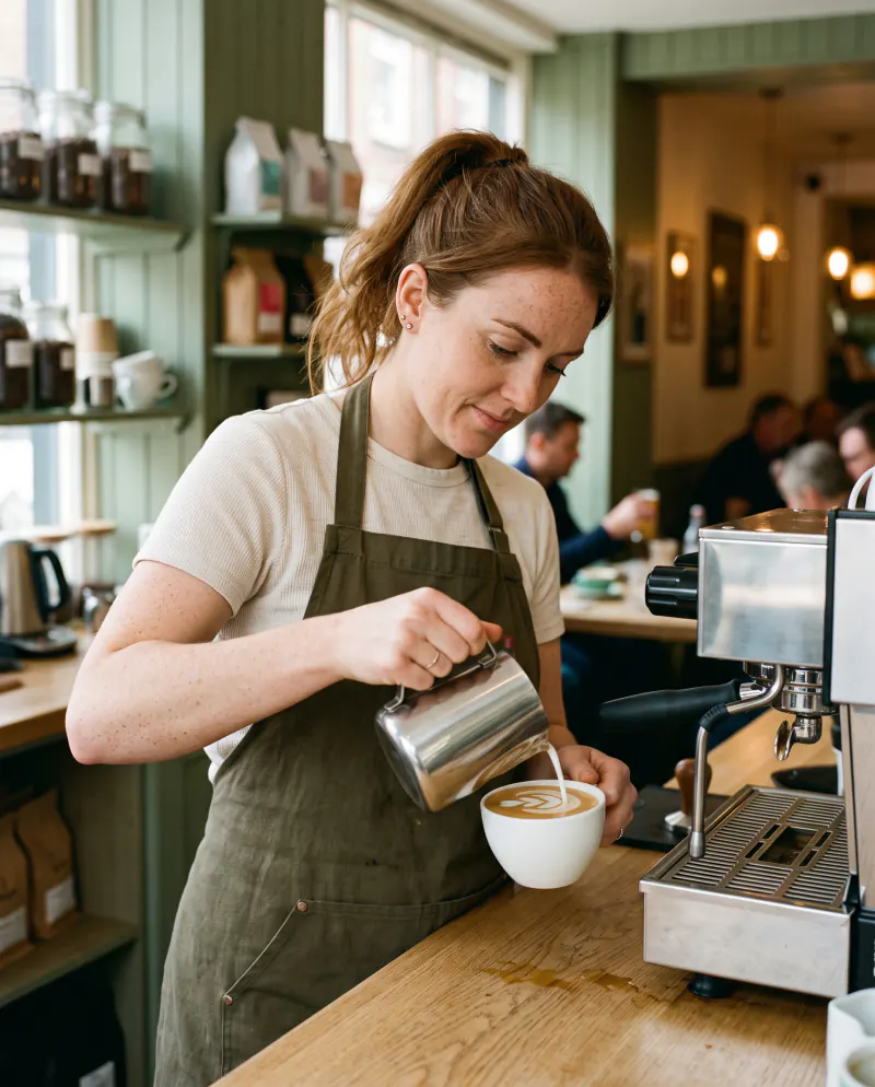 A barista pouring steamed milk into a cup to make latte art at a café counter