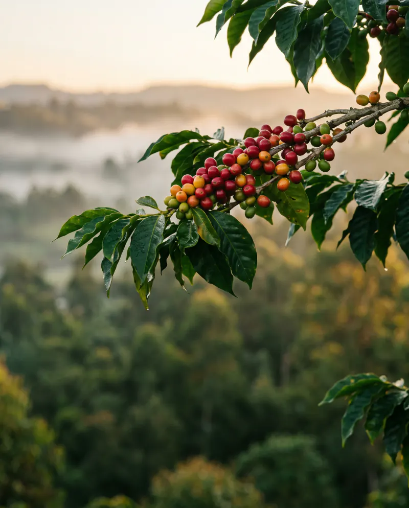 Ripe red coffee cherries on a coffee plant in the misty Ethiopian highlands at sunrise
