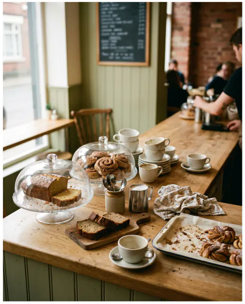 A café counter with loaf cake and cinnamon buns under glass domes and fresh buns on a tray