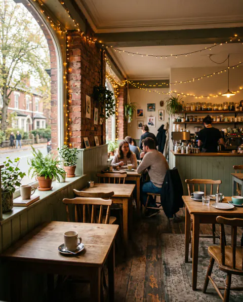 A cosy café with exposed brick, green panelling, small oak tables and fairy lights