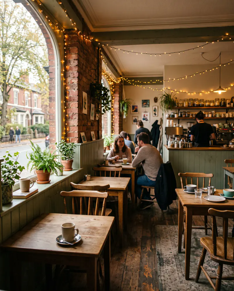 A cosy café with exposed brick, green panelling, small oak tables and fairy lights