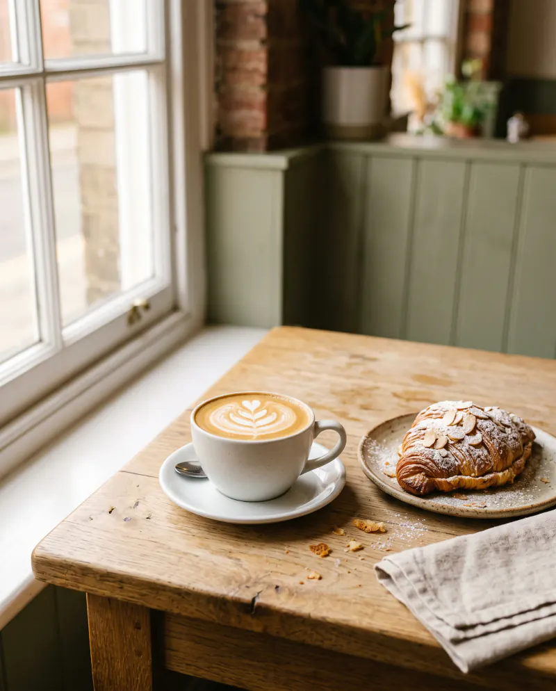 A flat white with latte art beside an almond croissant on an oak table by a sunny window