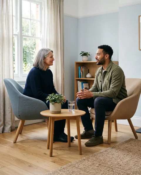 A calm, light-filled consultation room with two chairs, a small table and a plant
