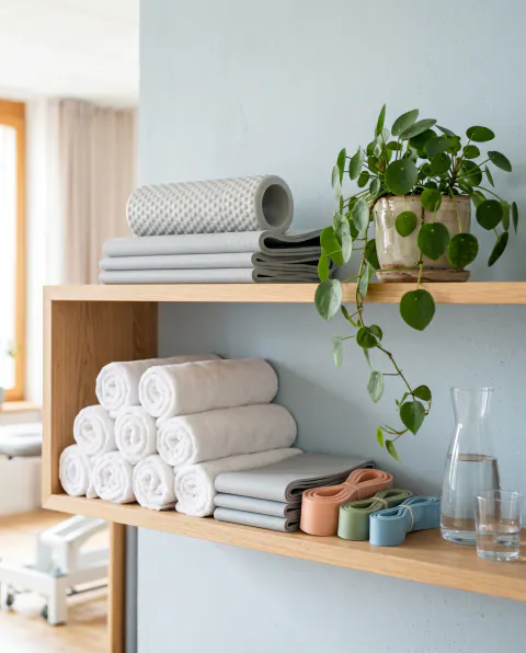 Rolled white towels, exercise bands, a foam roller and a plant on oak shelves against a pale blue wall
