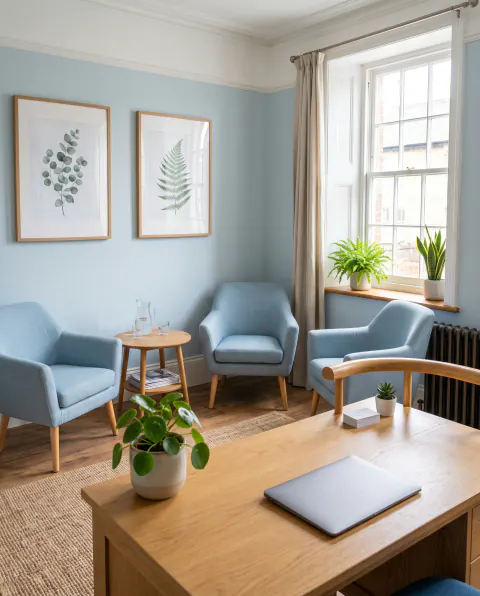 A calm physiotherapy waiting area with pale blue armchairs, an oak desk and plants