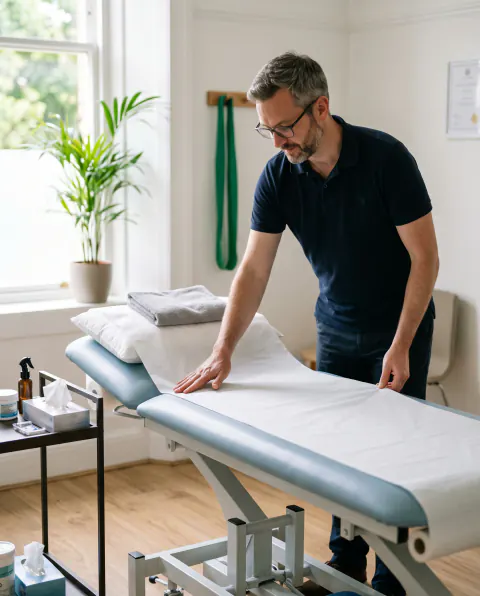 A physiotherapist smoothing a fresh paper sheet over a treatment couch