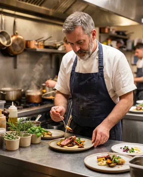 A chef with a grey beard spooning sauce over a plate at the pass in a small kitchen