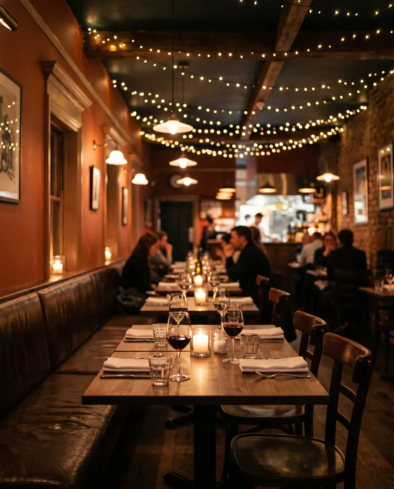 A candlelit bistro dining room with terracotta walls, leather banquettes and fairy lights