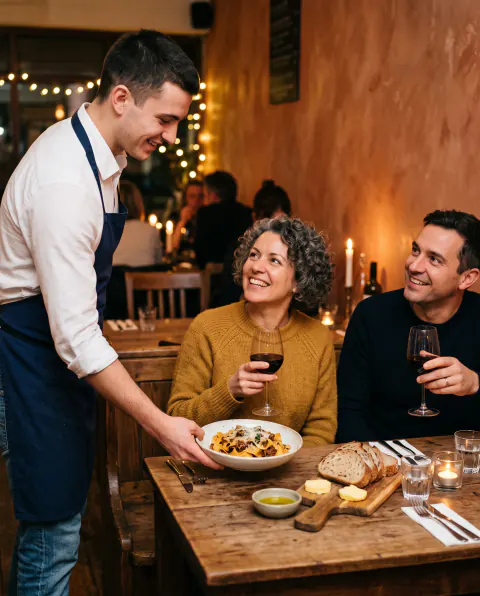 A smiling server bringing a bowl of pasta to two diners holding glasses of red wine