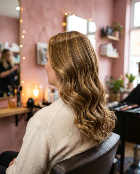 Long, glossy, softly waved honey-blonde hair seen from behind in a pink salon