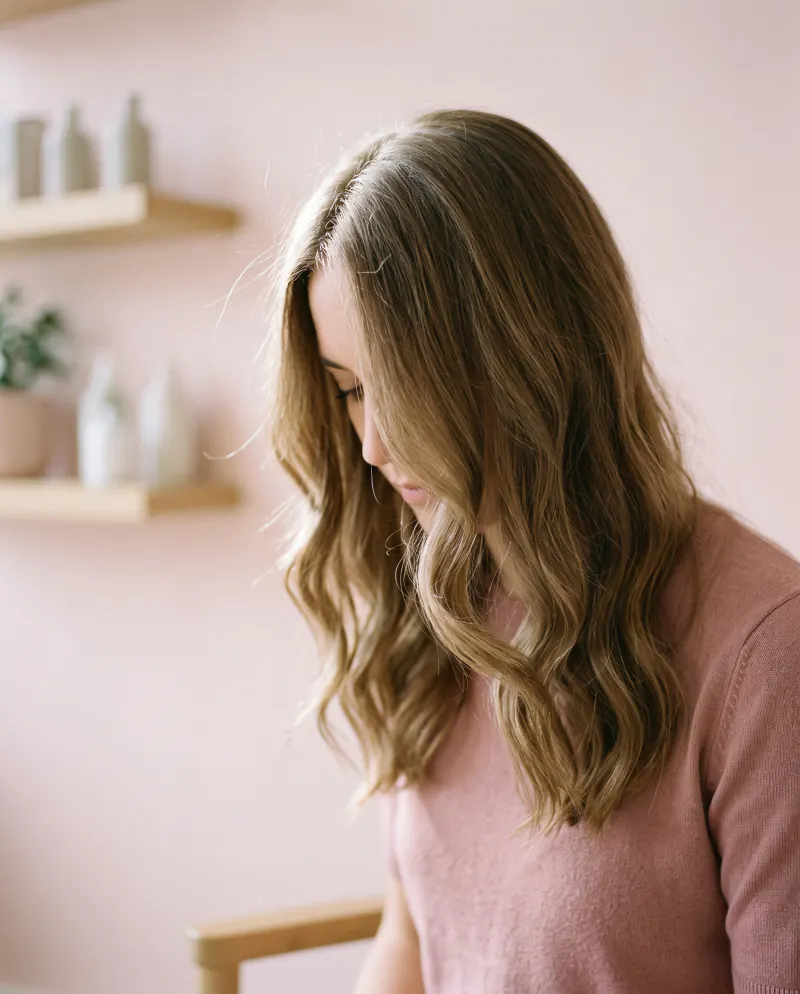 Close view of long, softly lit hair with a few flyaways against a pale pink background