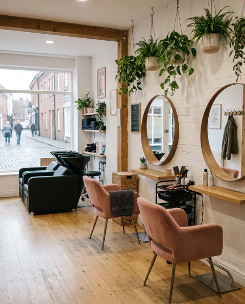 A bright salon with round mirrors, pink velvet chairs and hanging plants in soft daylight