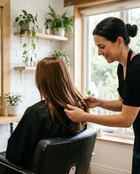 A smiling stylist running her fingers through a client's long chestnut hair by a bright window