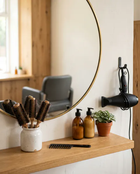 Wooden round brushes in a pot, amber pump bottles and a hairdryer beside a round mirror