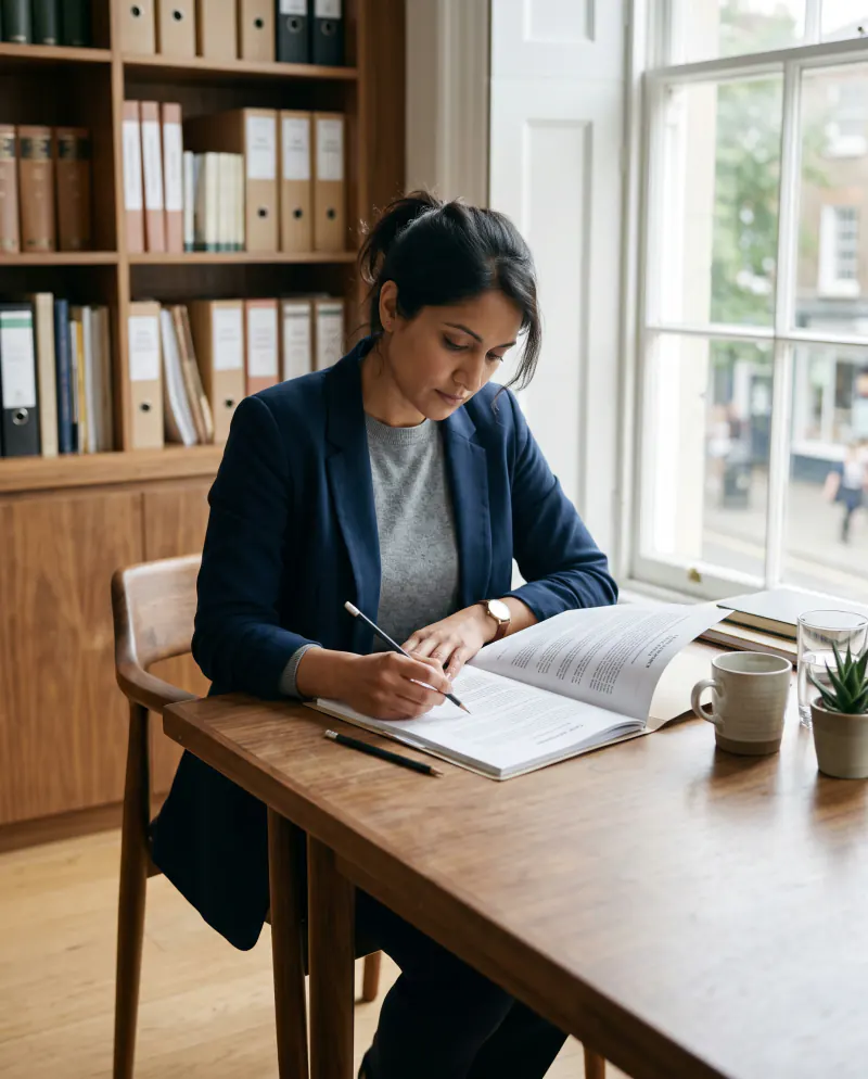 A solicitor reading through a document with a pencil at a desk by a tall window, absorbed in the work