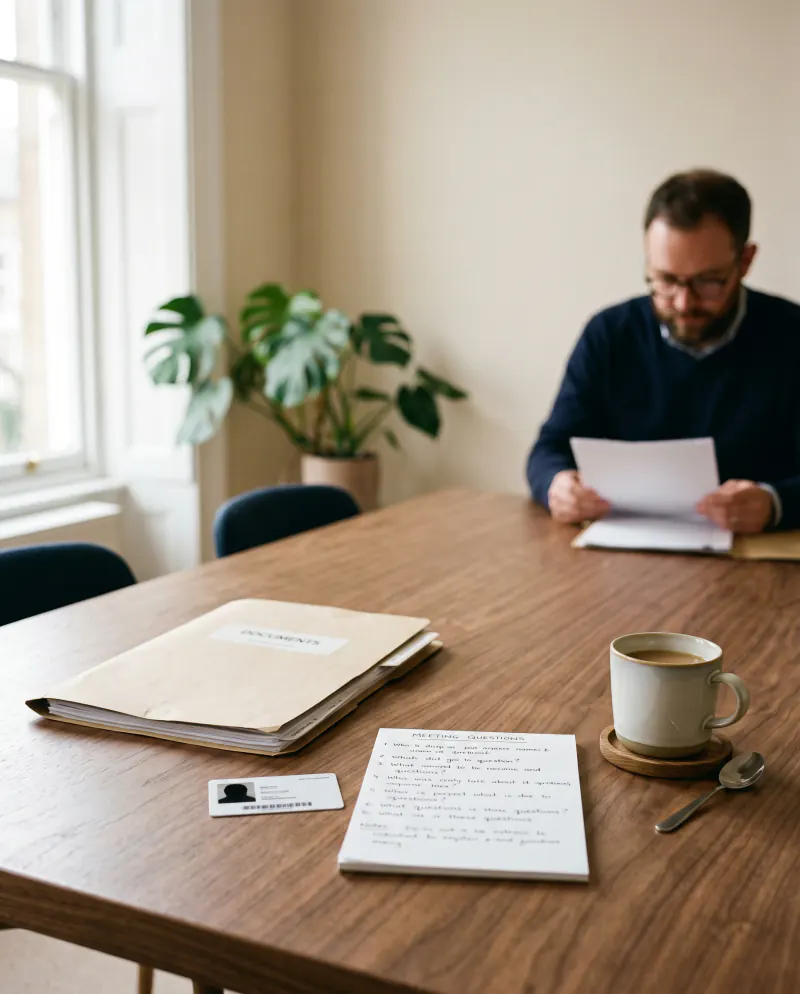 A folder of documents, a passport-style ID card and a handwritten list of questions on a meeting table