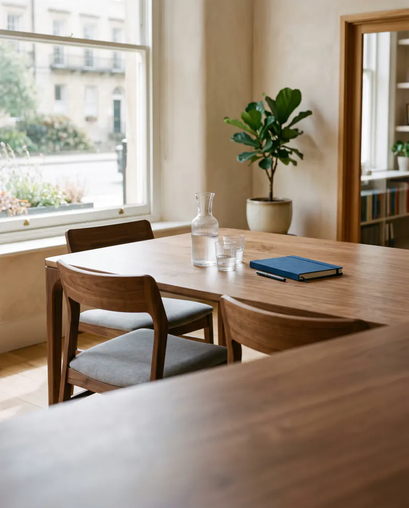 Morning light falling across an empty meeting table with two chairs and a notepad in a calm, modern office