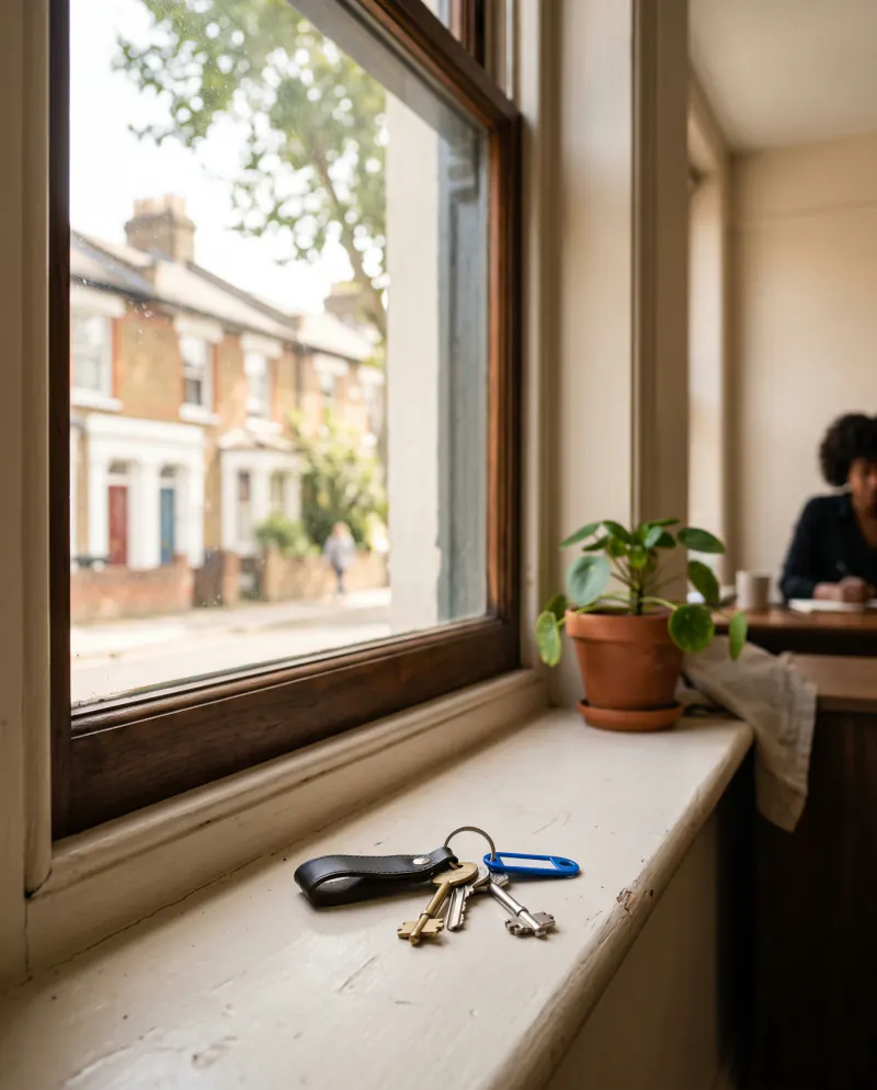 A set of house keys on a windowsill with a softly blurred view of a terraced street
