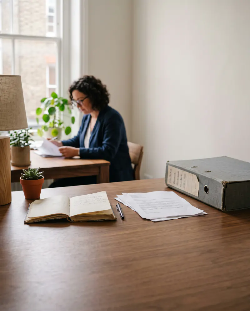 A tidy desk with a dated notebook, a few printed emails and a box file, lit by window light