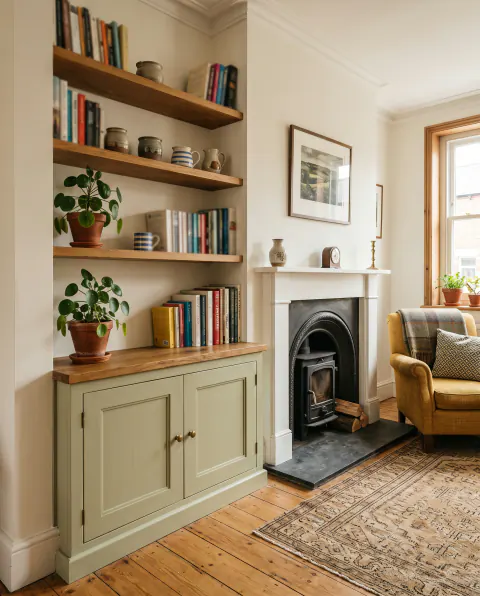 A sage green alcove cupboard with oak shelves of books and pottery beside a fireplace