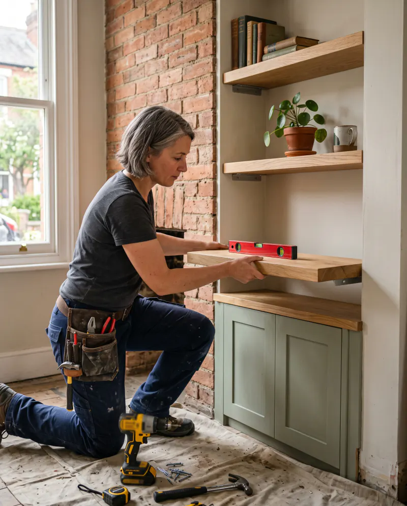 A joiner levelling a new oak shelf above a sage green alcove cupboard