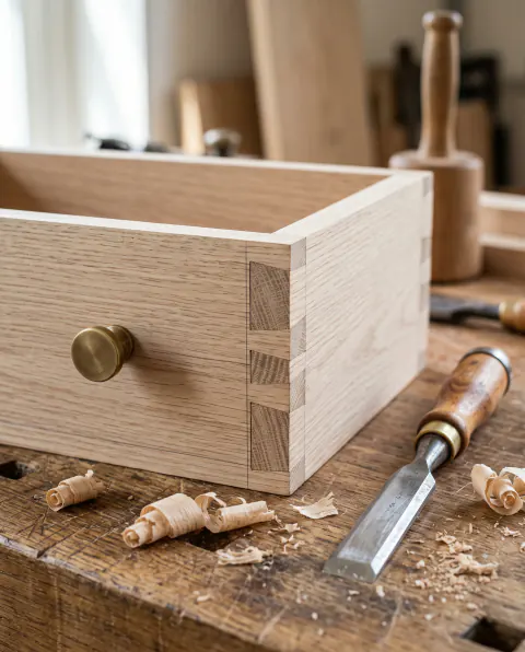 A dovetailed oak drawer with a brass knob beside a chisel and wood shavings on a workbench
