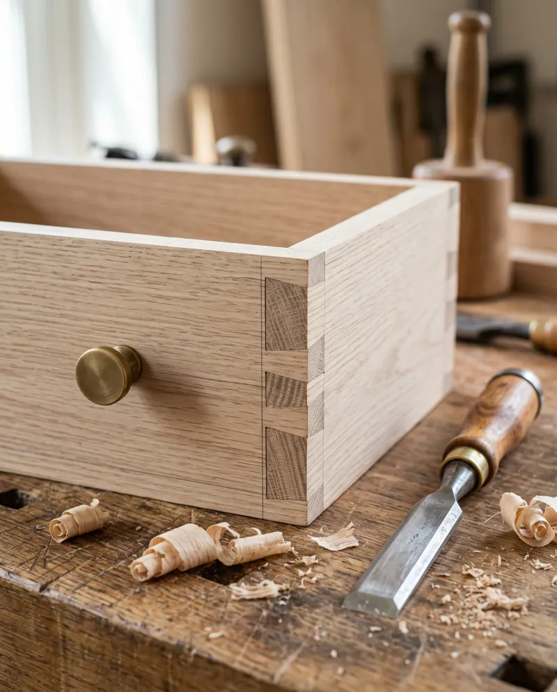 A dovetailed oak drawer with a brass knob beside a chisel and wood shavings on a workbench