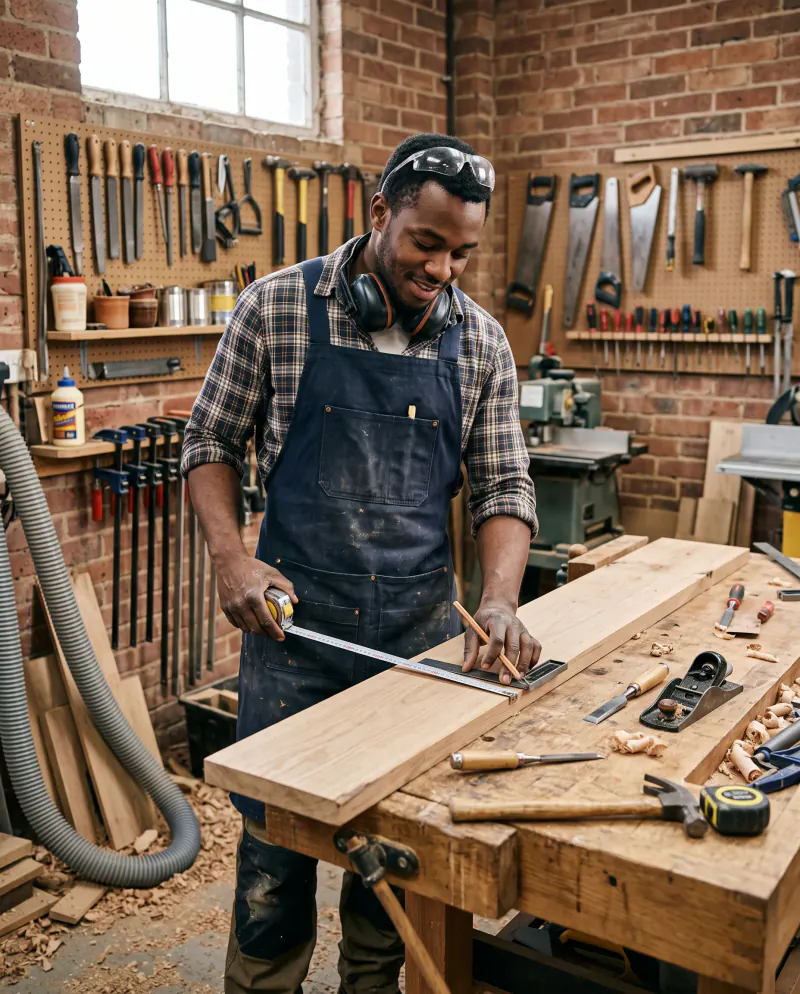 A smiling joiner measuring an oak board with a tape and square in a brick workshop